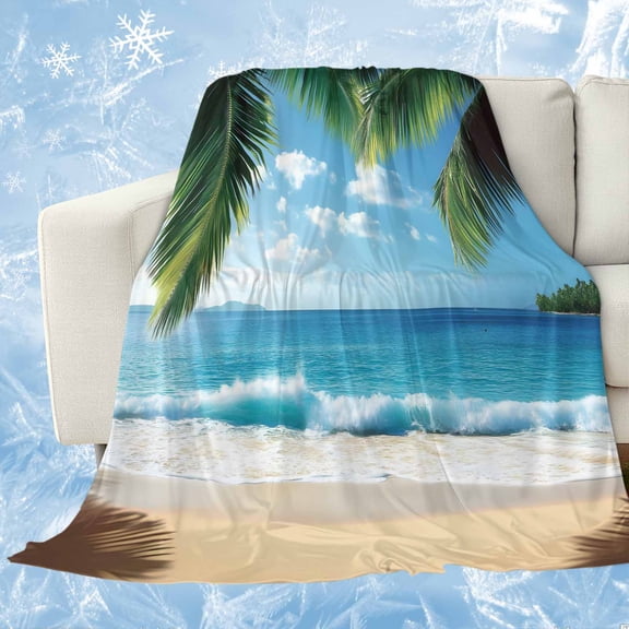 Coastal Ocean Cooling Blanket,Lightweight Breathable Summer Throw Blanket with Double Sided Cold Effect,Sandy Beach Coconut Tree Blue Sky Scenery Picnic Blankets Bed Sheet for Hot Sleepers 30"x40"