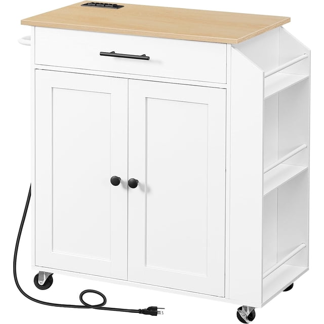 Kitchen Island with Power Outlet, Kitchen Storage Island with Spice Rack and Drawer, Rolling Kitchen Cart on Wheels, for Home, Kitchen and Dining Room, White and Natural WN82UZD01G1