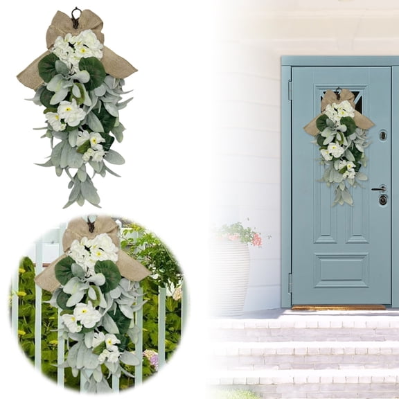 Lambs Ear Teardrop Swag Wreath 18.9 Inch, Artificial Greenery Door Hanging for Spring & Summer Vibes, Rustic Farmhouse Wall Decor, for Home Wedding Gift Use