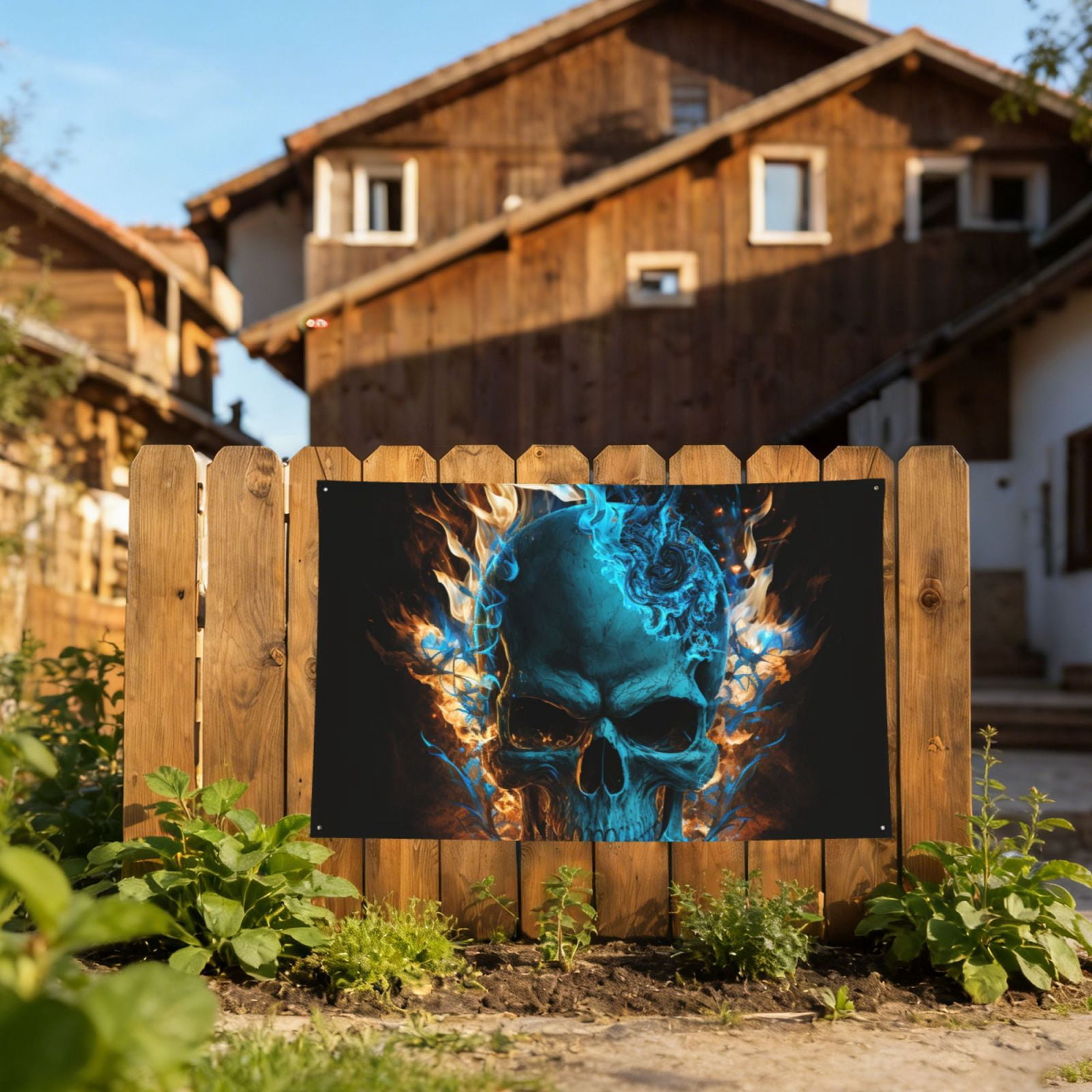 Blue Flame Fire Skull Burning Four Hole Decorated Banner Flag for Garden Yard Home Decoration Indoor Outdoor 4x6 Ft