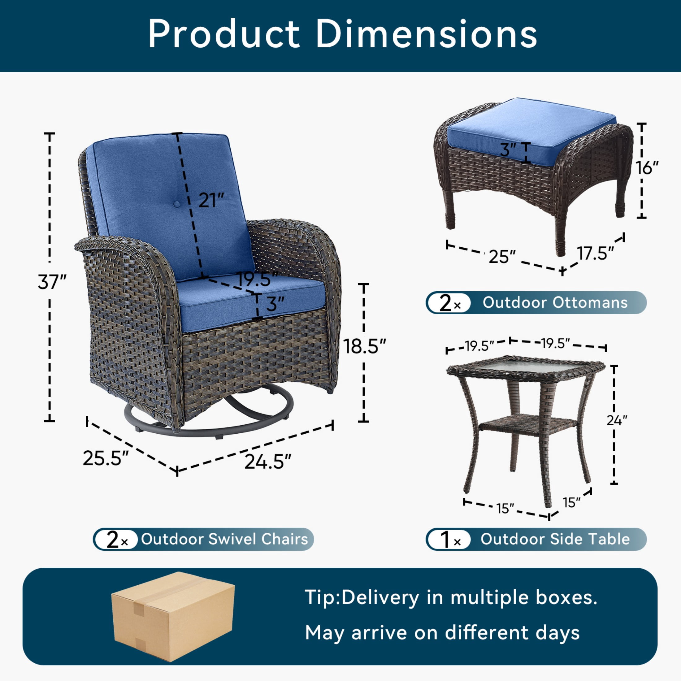 Unnifurnzi 5 Pieces Outdoor Wicker Patio Furniture Set-High Back Outdoor Rocking Chairs Set of 2 with Ottoman Patio Conversation Sets for Deck Lawn Porch Balcony Poolside-Brown/Blue