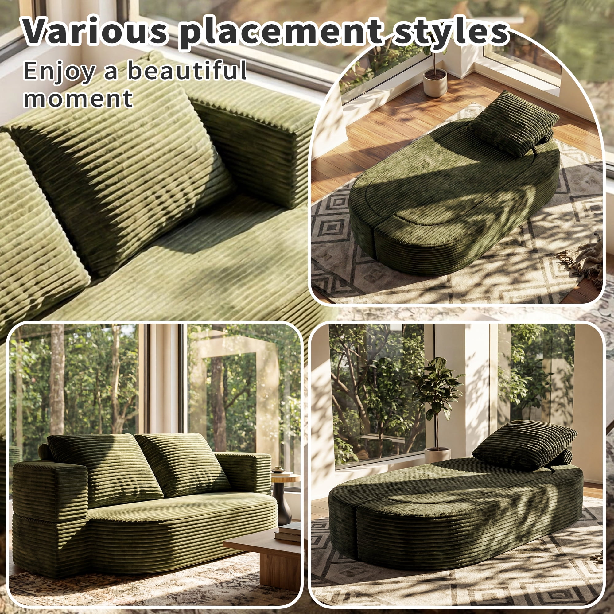 Floor Sofa, Full Size Sleeper Couch, Folding Futon Sofa Bed with Corduroy Fabric, Foam-Filled Mattress, 2-in-1 Convertible Loveseat, 78.7-Inch Width, No Assembly Required for Apartment, Green