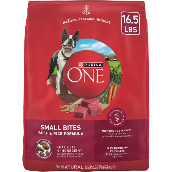 Purrina One Small Bites Dry Dog Food For Adult Dogs With Added Vitamins & Minerals, High Protein Beef & Rice, 16.5 Lbs Bag
