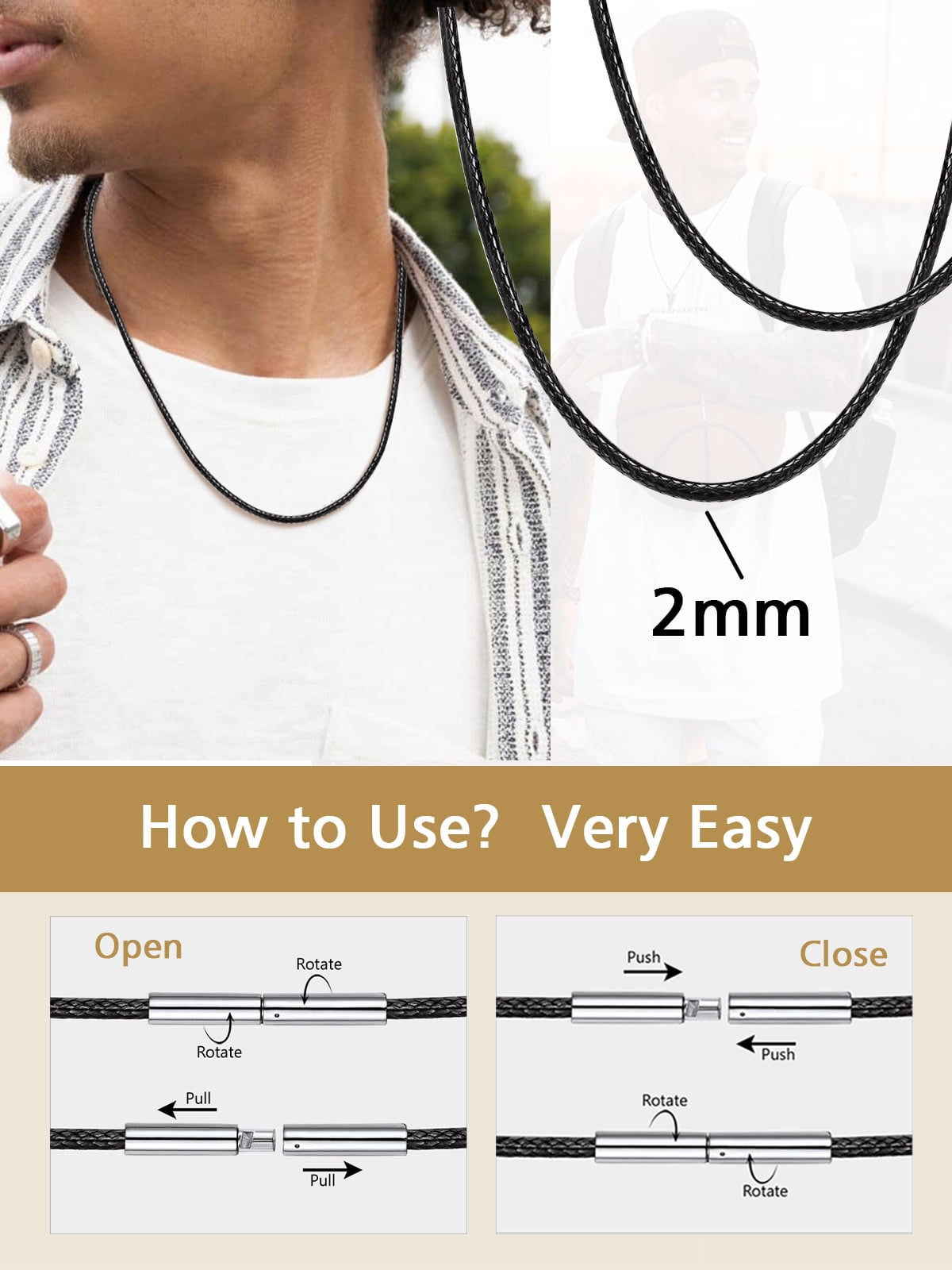 FindChic Men Waterproof Black Leather Cord Necklaces, Stainless Steel Chain Necklace 2mm Width 16-30 inch Waxed Rope Chain to Match Pendant for Dad Son, with Gift Box