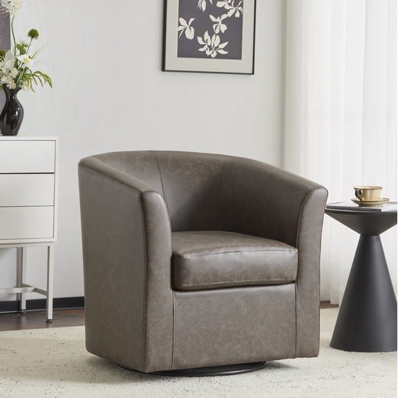 GDF Studio Faux Leather Swivel Barrel Chair, 360-Degree Rotation, Iron Frame Club Chair with Tub Design, Dark Brown