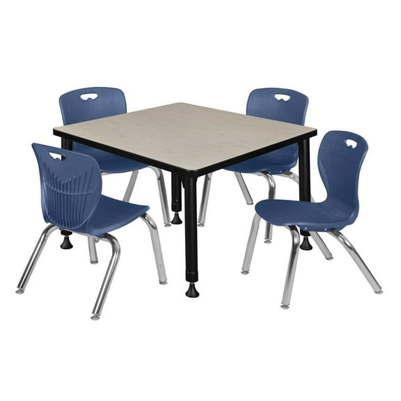 Regency Kee 30" Square Height Adjustable Classroom Table - Maple & 4 Andy 12-in Stack Chairs- Navy Blue