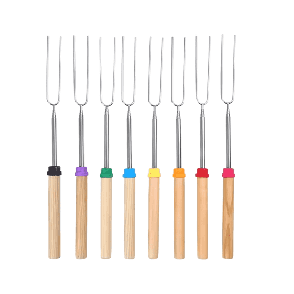 Wildeer | Roasting Sticks Extendable | Stainless Steel Skewers | Wooden Handle | BBQ Fork | 32in | Smores, BBQ, Marshmallows (8 Extendable Sticks)