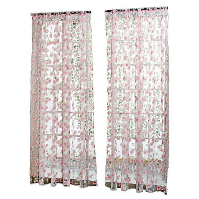 1*2M Light-colored Flowers Leaves Curtains Window Gauze Decoration Drapes for Bedroom Living Room (Pink)