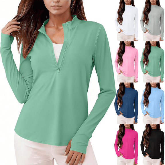 Women's Sun Protection Shirts Zip Up Long Sleeve Quick Dry Tops Moisture Wicking Hiking Rash Guard Athletic Pullover Shirts S-2XL