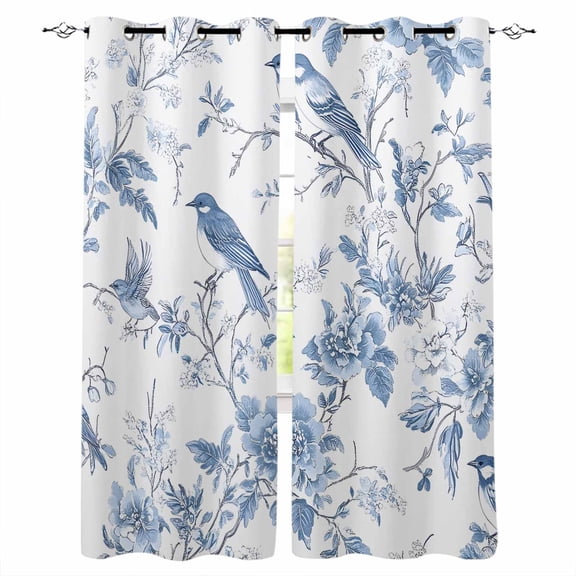 White Blue Spring Floral Blackout Curtains 84 Inches Long for Bedroom, Summer Birds Botanical Thermal Insulated Room Darkening Black Out Window Curtain Panels Grommet Drapes for Living Room