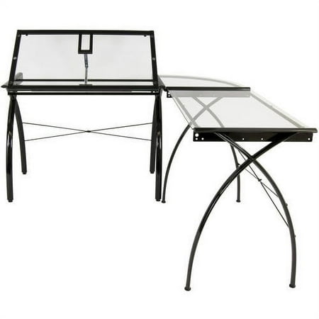 UPC: 0017342503083 | Studio Designs Futura L-Shaped Metal and Glass Desk with Angle Adjustable Top for Drawing in Black
