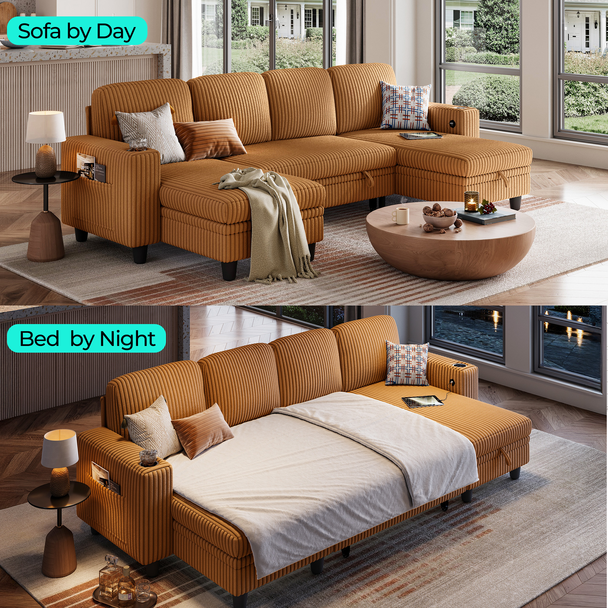 LINSY HOME U Shaped Sectional Couches for Living Room, Sofa Bed with Storage Chaise, Pull Out Couch Bed, Brown