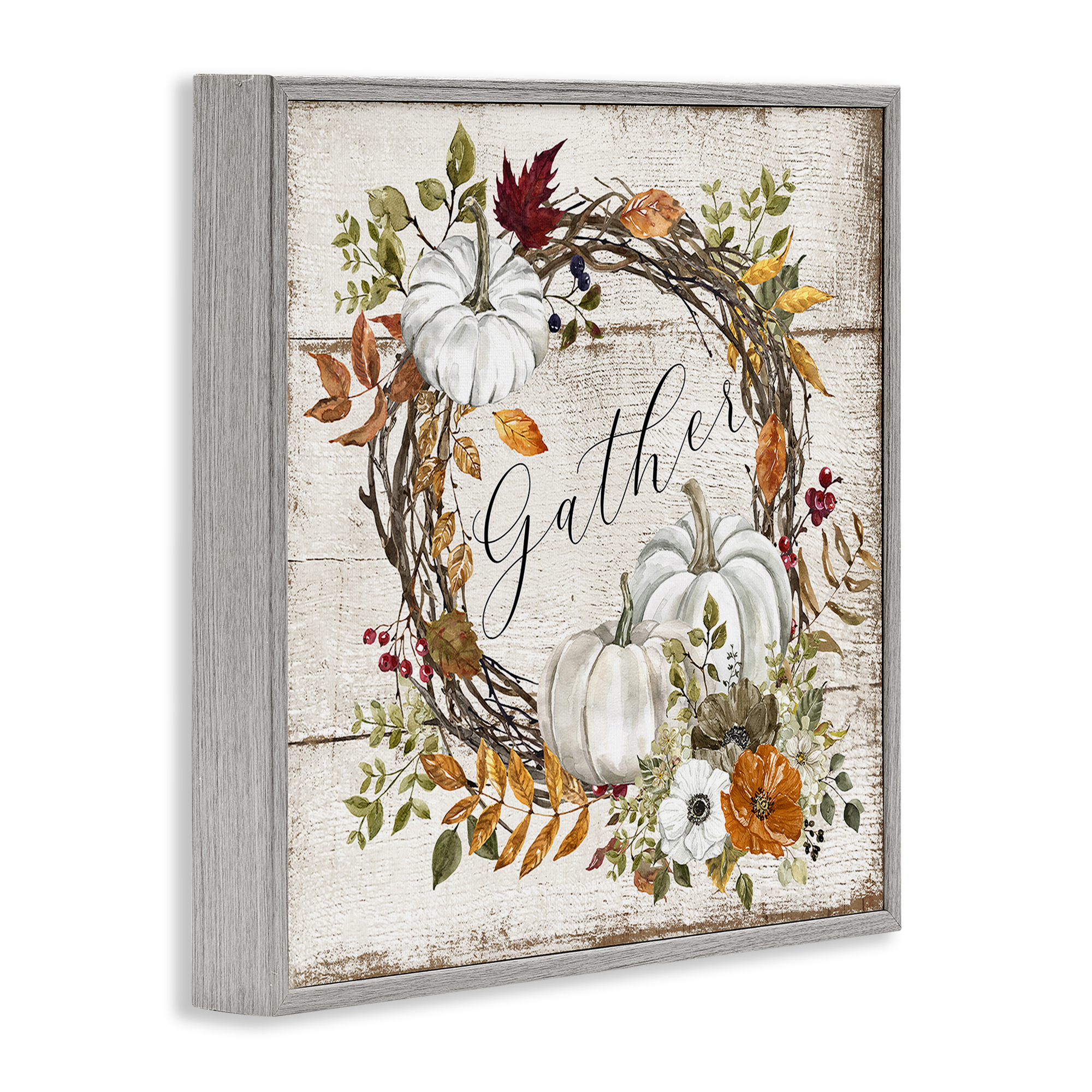 Stupell Industries Gather Autumnal Wreath Holiday Painting Gray Framed Art Prints Wall Art, 12 x 12