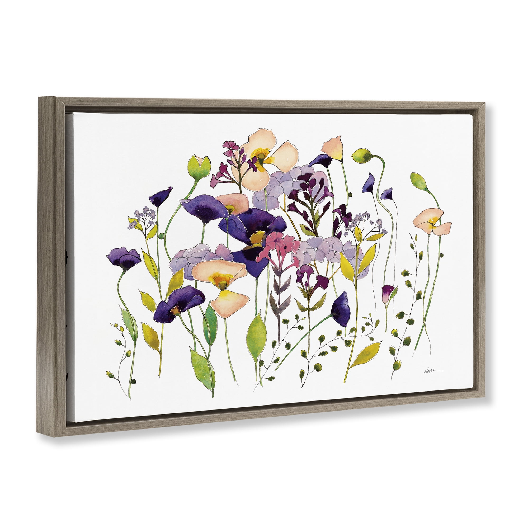 Stupell Industries Purple Poppy Sprigs Botanical & Floral Painting Brown Floater Framed Art Print Wall Art, 25 x 17