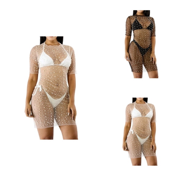 Womens Sheer Mesh Rhinestone & Pearl Long Cover-Up Dress Black See-Through Fishnet Smock for Beach, Swimwear, Carnival Bikini