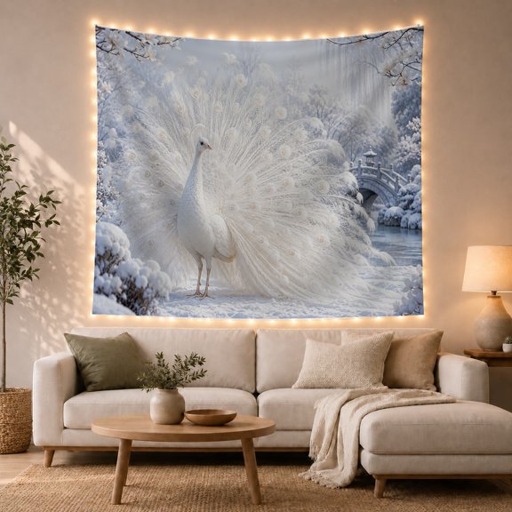 White Peacock in Snowy Winter Forest, Serene Fantasy Wall Art for Nature Lovers, Tranquil Wildlife Decor Christmas Gift, Tapestry Wall Hanging for Living Room and Bedroom