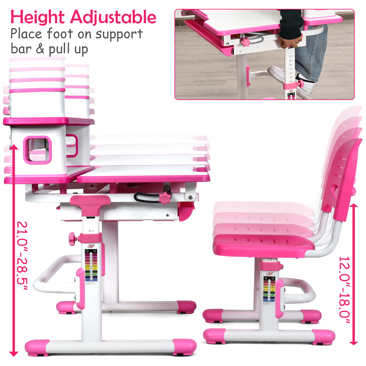 Costway Multifunctional Kids Desk and 2 Height-Adjustable Chairs with  Non-slip Point Pink BB5613PI - The Home Depot