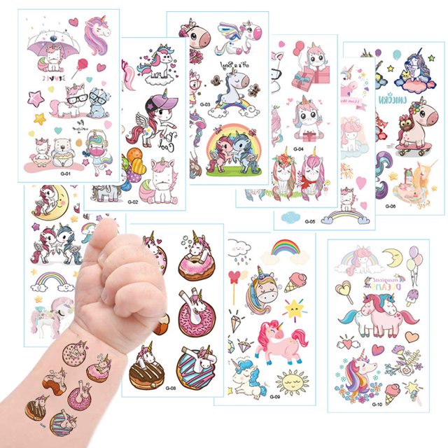 Dibujos Animados Unicornio Tatuajes Temporales Pegatinas Impermeable Fiesta Tatuaje Conjunto Para Niños 10 Hojas sonducket HA031049-00