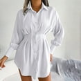 thumbnail image 2 of Ygbgbb Women's Fall Dresses Pleated Bishop Long Sleeve Mini T Shirt Dress Lapel Collar Button Flared Ruched Short Shirt Dresses (White XL), 2 of 8