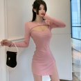 thumbnail image 2 of Femmes O Cou Creux Sexy Split Robe Taille Haute Mini Gaine Club Robe Courte Printemps Été Manches Longues Slim Robe, 2 of 6
