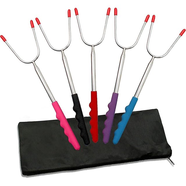 5 palitos para asar malvaviscos, tenedores de barbacoa extensibles para fogata, pan/malvaviscos/perritos calientes/brochetas de kebab para acampar, 29,5-114cm