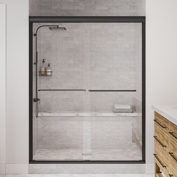 Seawin Strada Light Bypass Sliding Shower Door 56 - 60 in. W x 76 in. H Matte Black Hardware 1/4 inch (6 mm) Thick Clear Glass Matte Black