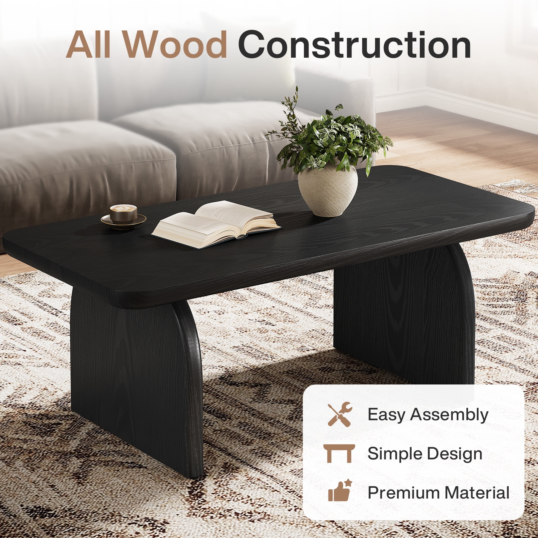 Finmind Rectangle Coffee Table, 47-Inch Wood Living Room Table, Easy Assembly