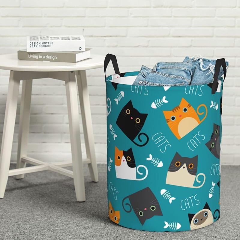 Cute Funny Cats Round Laundry Hamper Storage Basket Toys Clothes Organizer Bin For Home Bathroom Bedroom Dorm Nursery