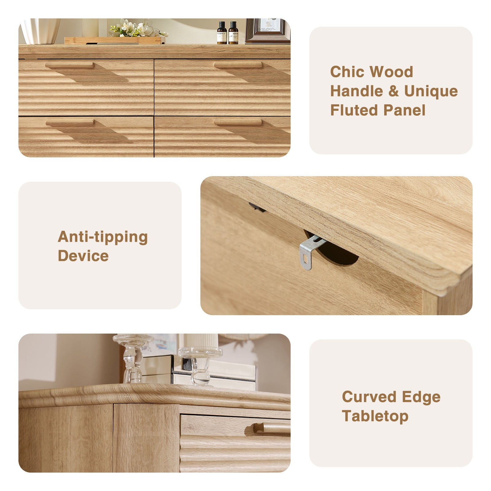 Hommoo Modern Wood Fluted 8 Drawer Dresser, 52" Wide Dresser Chest of Drawers with Curved Profile Design, Multifuctional Storage Organizer for Home, Oak
