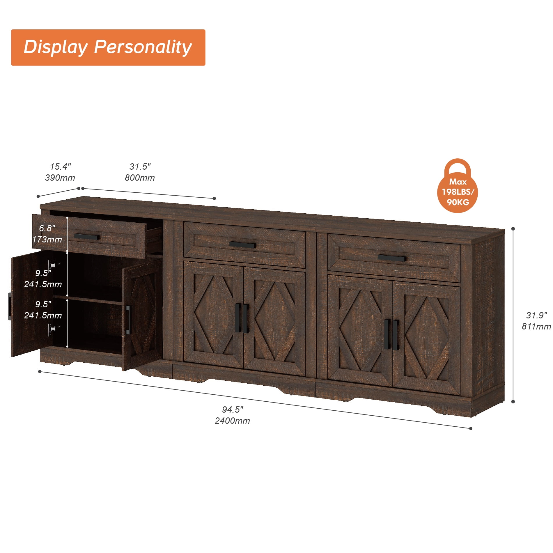 WAMPAT 94.5"W Farmhouse Buffet Sideboard with Barn Doors, Drawer & Storage, Brown