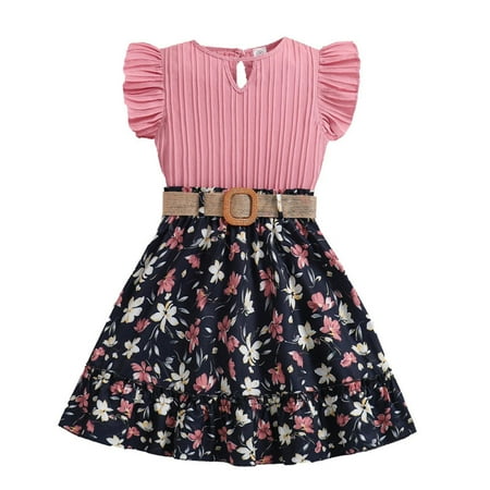 XAOFW Girl s Outfit Sets Fly Sleeve Crewneck Tops And Floral Skirts Two Piece Outfits Club Party Soft Comfortable Clothes Sets