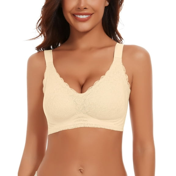 Wirefree Bras for Women Everyday Comfort Bra Push Up Wireless Bras V Neck Lace Full Coverage Seamless Bra