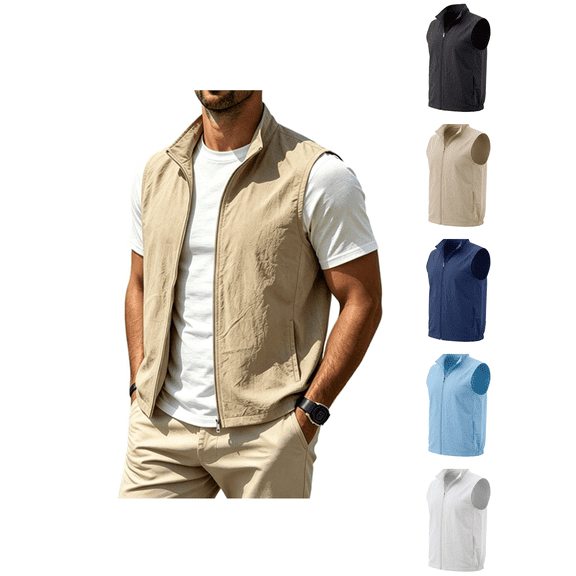 Atkumj Lightweight Vests for Men with Pockets Stylish Stand Collar Zip Up Vest Jacket Casual Solid Color Loose Men Vest for Daily Wear S