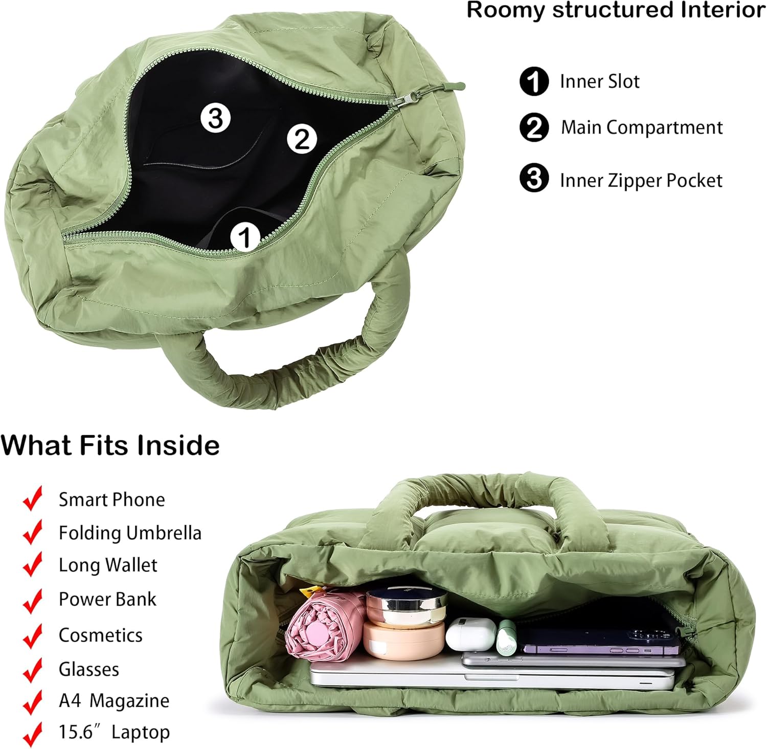JennyShop Large Capacity Fashion Quilted Puffy Handbag, Herald Puffer Tote Bag for Women, Lightweight Satchel Purse for Working Travelling Gym Shopping