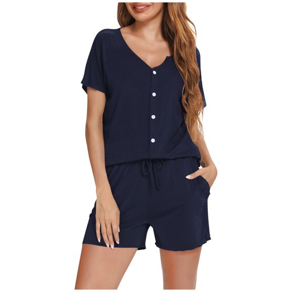 Goodtrade8 Pajama Sets 2 Piece Loungewear Solid Color Petite Casual V-Neck Short Sleeve Women Pajamas