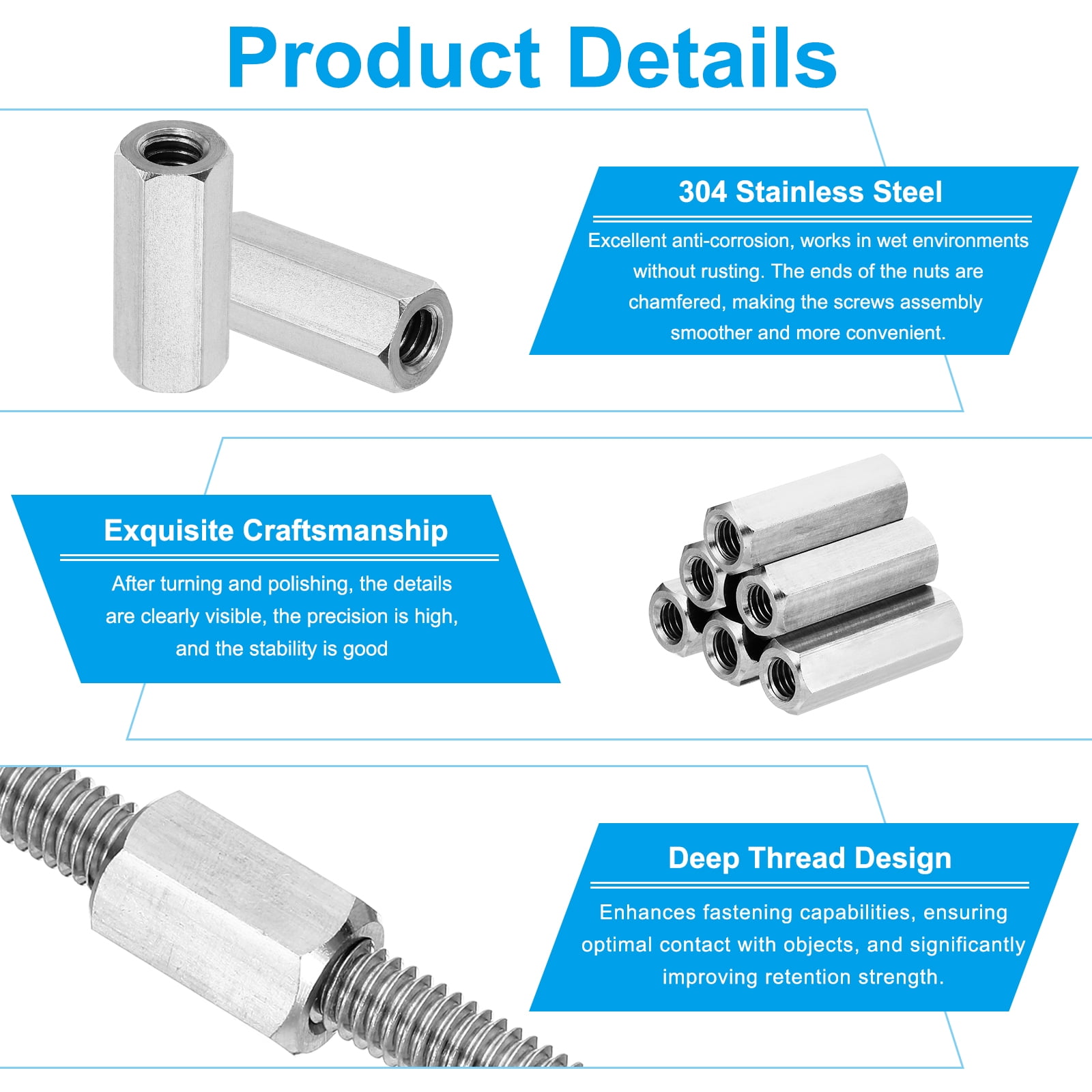 Uxcell M10x1.5mm Stainless Steel Hex Coupling Nuts, 6pcs 40mm Threaded Rod Connector