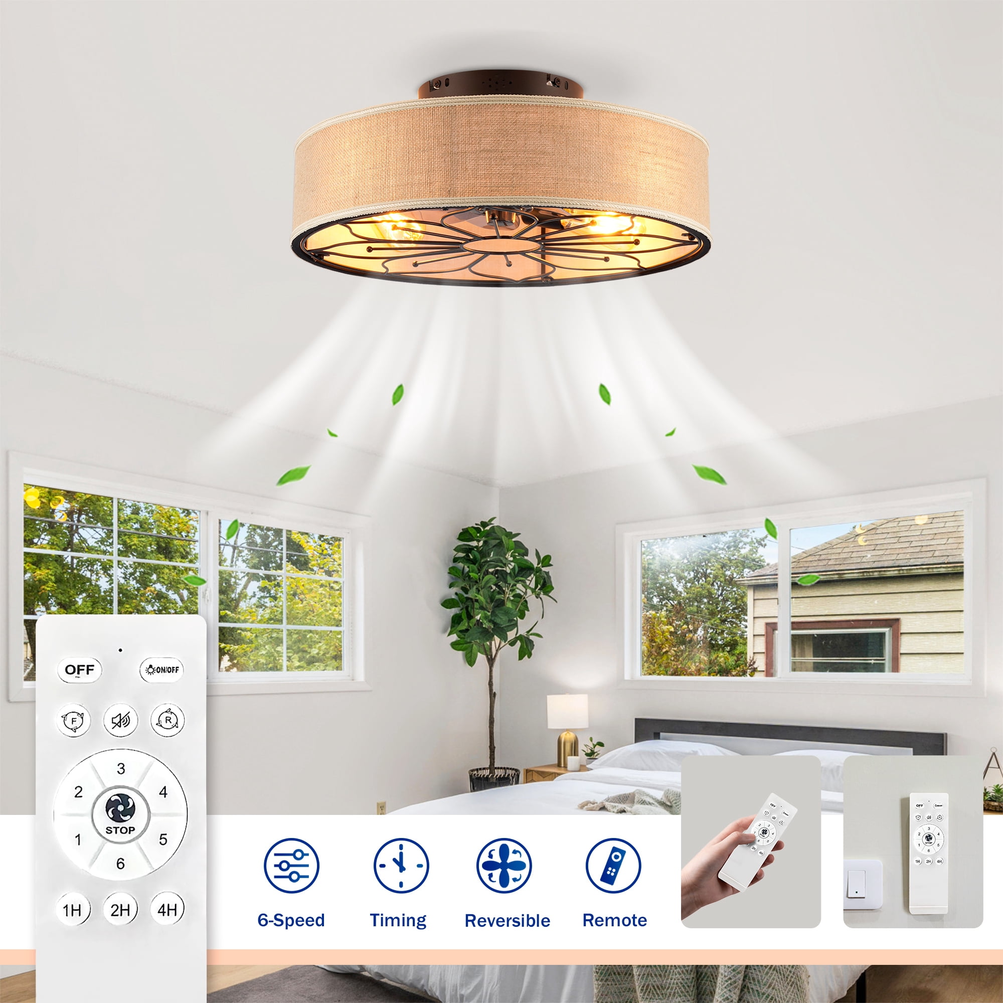 Leumius 20" Fabric Farmhouse Ceiling Fan with Light and Remote Control,Low Profile Modern Enclosed Ceiling Fans with Reversible Motor for Living Room,Bedroom,Kitchen Brown (NOT Included Bulbs)