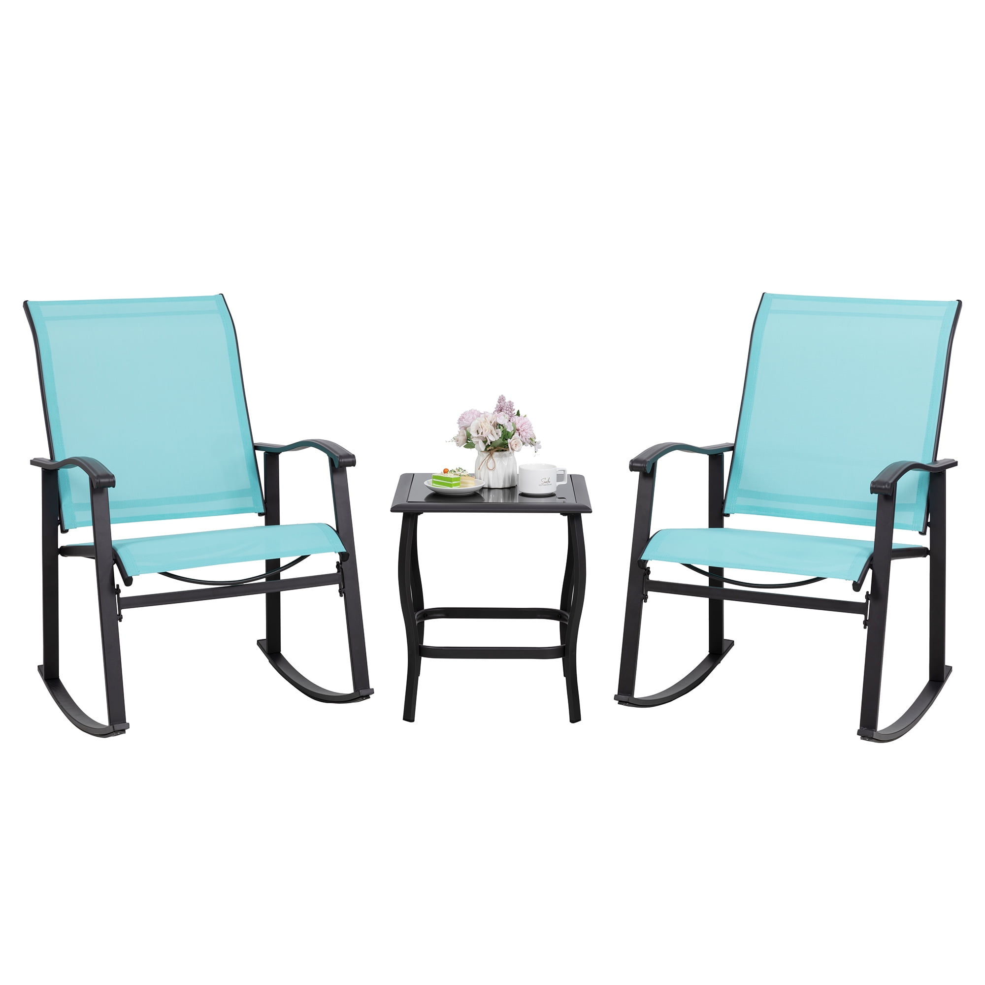 Walsunny 3 Pieces Rocking Bistro Patio Furniture Rocker Set with 2 Outdoor Rocking Chairs and 1 Glass Coffee Table for Porch Deck Lawn,Blue