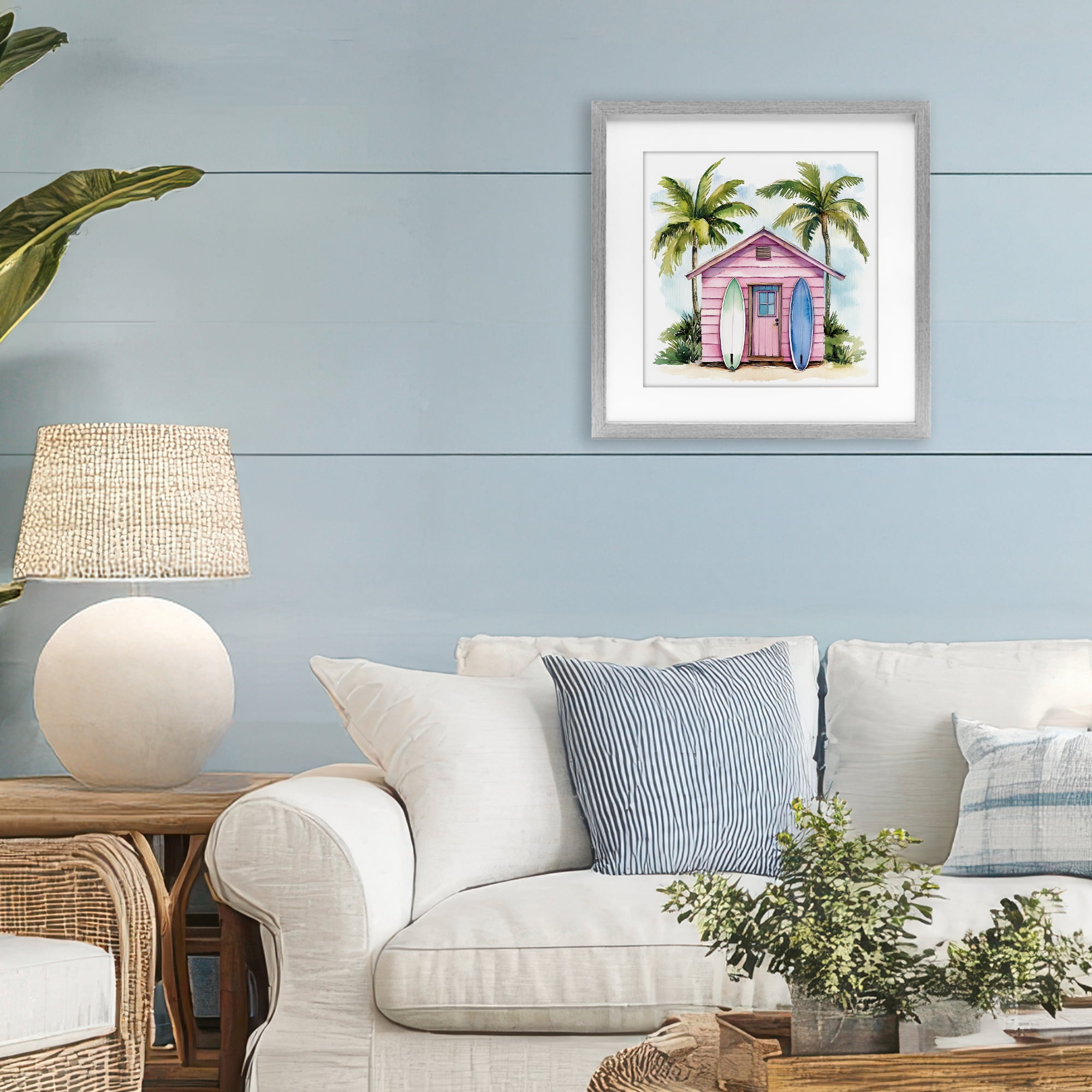 Stupell Industries Surf Shack Under Palms Gray Framed Print Under Glass, design by Petal Prints Design