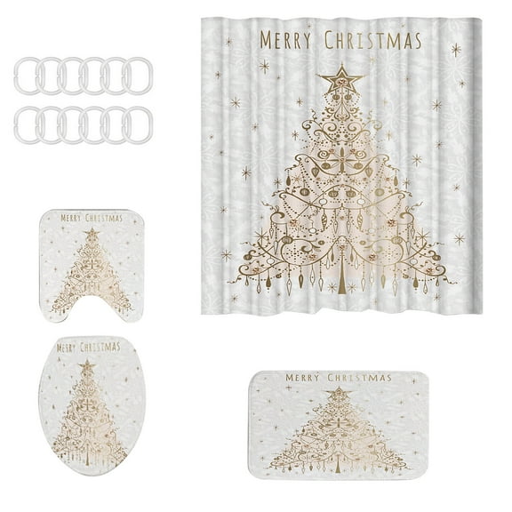 Christmas Shower Curtain Bathroom Set – 4PCS Santa Claus Themed Waterproof Set with Shower Curtain, Toilet Mat, U-Shaped Rug & Floor Mat – Holiday Bathroom Décor with Hooks