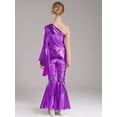 thumbnail image 5 of Aiihoo Kids Girls Shiny Metallic One Shoulder Flare Sleeve Dance Jumpsuit Unitard Bodysuit Purple 10, 5 of 7