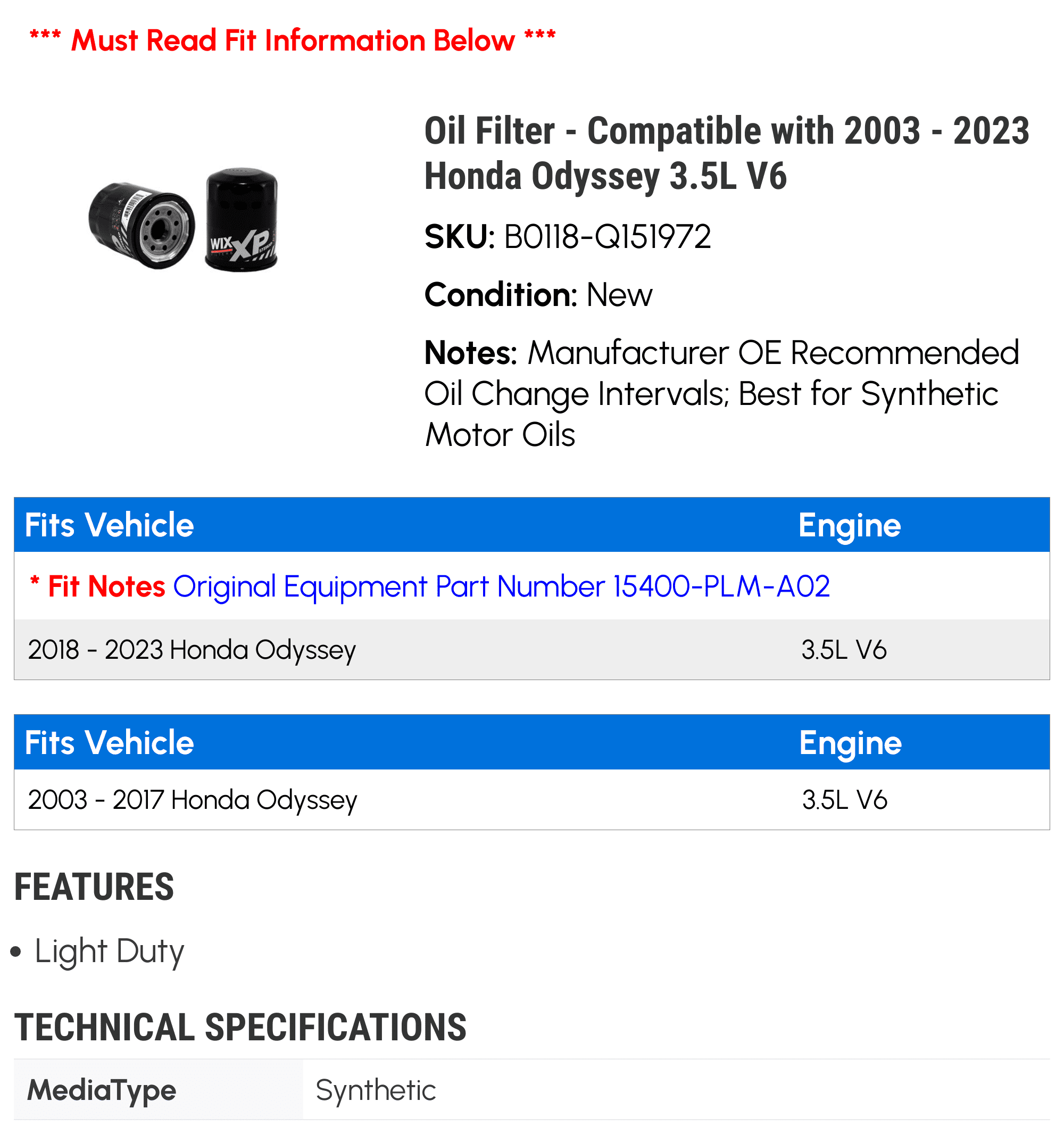 Oil Filter - Compatible with 2003 - 2023 Honda Odyssey 3.5L V6 2004 2005 2006 2007 2008 2009 2010 2011 2012 2013 2014 2015 2016 2017 2018 2019 2020 2021 2022