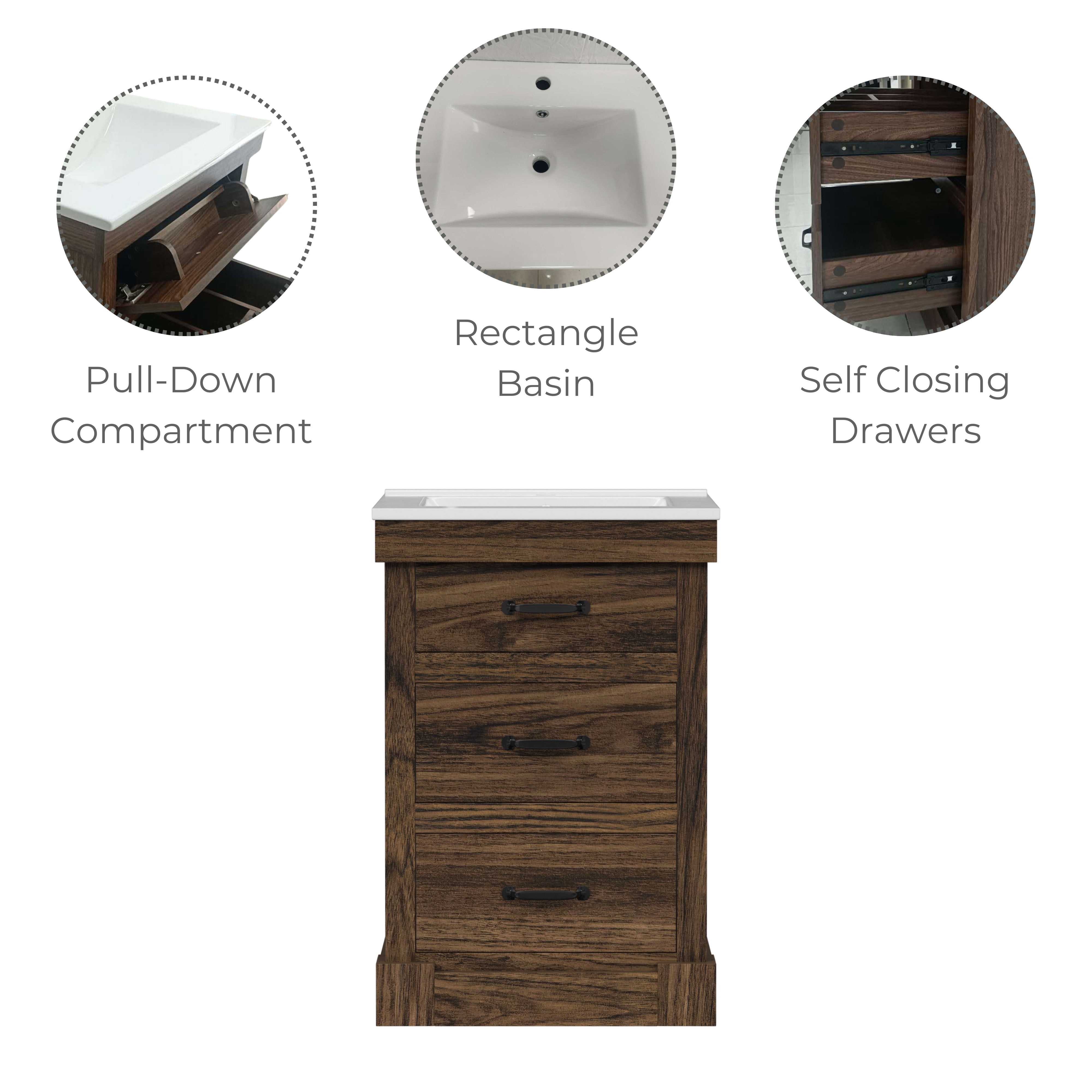Teamson Home Donovan 24" Single Bathroom Vanity with Integrated Square Sink and Two Drawers, Walnut