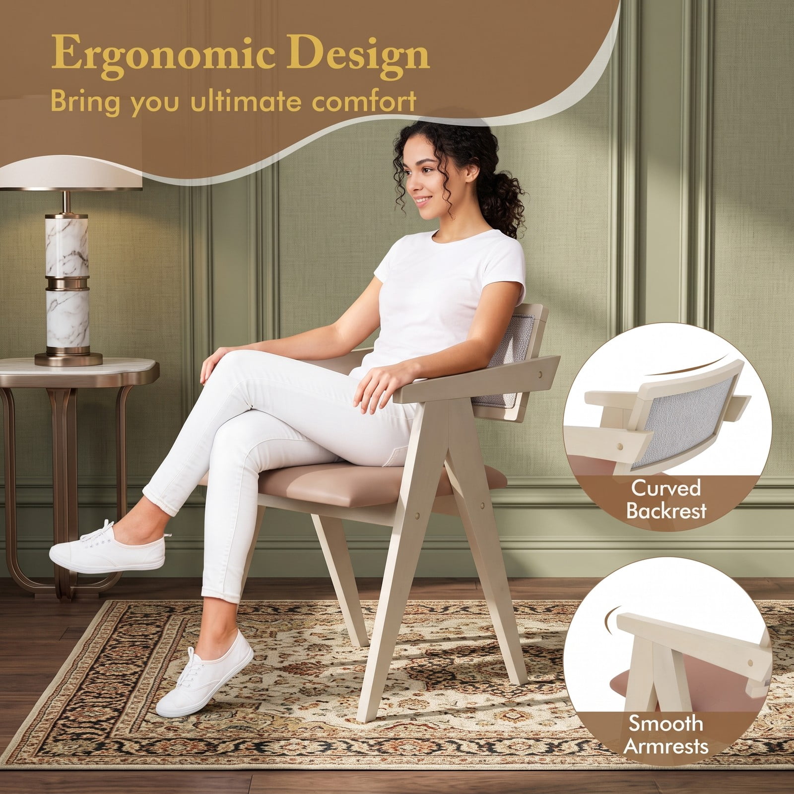 Furnibear Mid Century Modern Accent Chairs Set of 2, Upholstered Leathaire Armchair with Solid Rubber Wood Frame, Sherpa Backrest Living Room Bedroom Side Chair, Beige