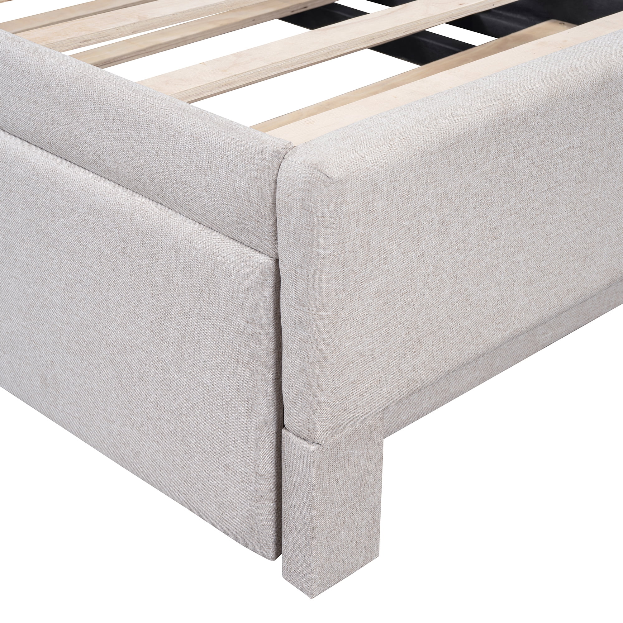 Aukfa Twin Daybed with Pop-Up Trundle, Linen Upholstered Twin-to-King Bed Frame, Space-Saving Guest Bed for Living Room, Bedroom, Kids Room, Light Gray
