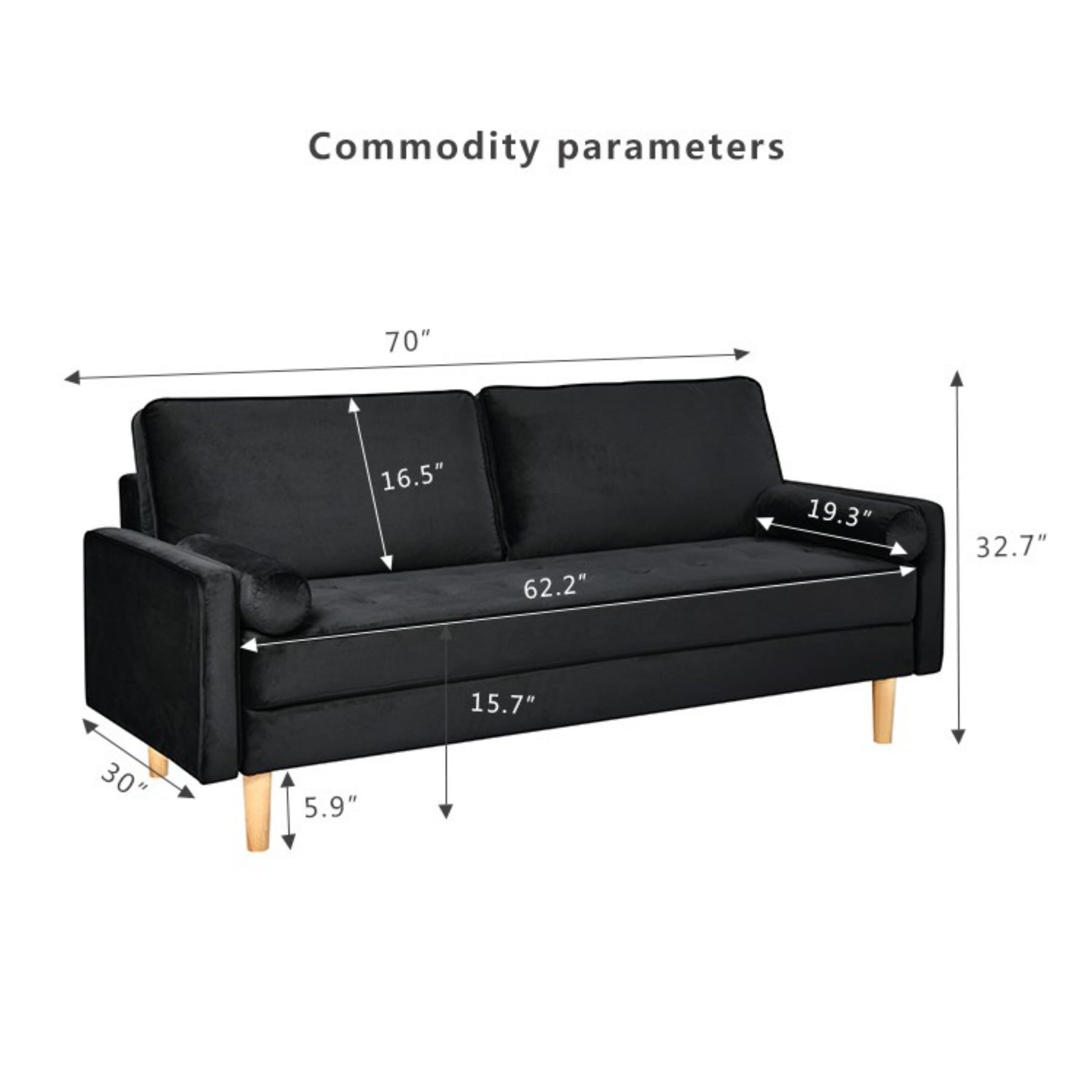 70" Modern Velvet Loveseat Sofa Couch,Mid-Century Tufted Upholstered Small Love Seat Couch with 2 Pillows for Compact Space,Living Room,Apartment,Black