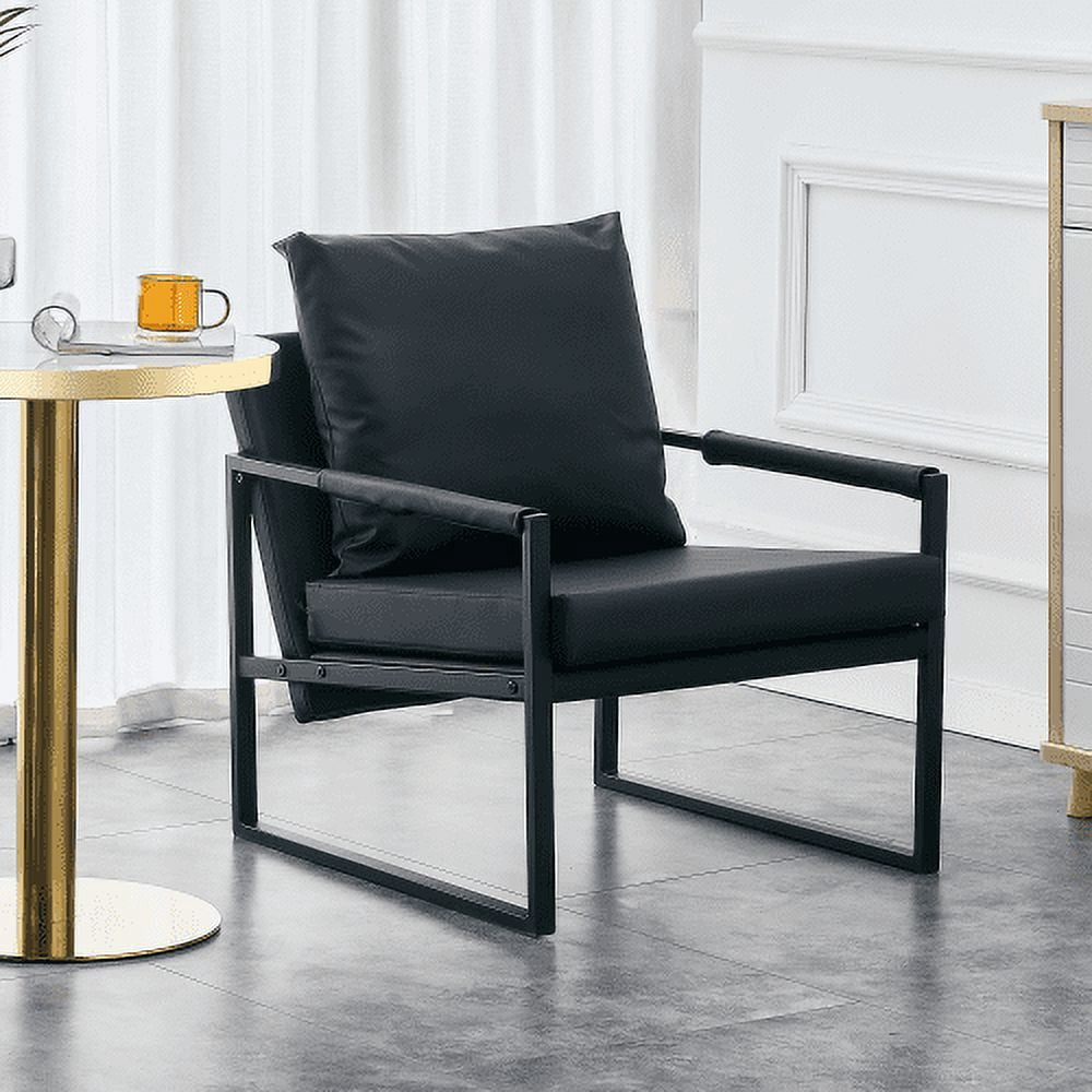 BSHTI PU Leather Accent Arm Chair Mid Century Upholstered Armchair with Metal Frame Extra-Thick Padded Backrest and Seat Cushion Sofa Chairs for Living Room(Black PU Leather+Metal Frame+Foam)