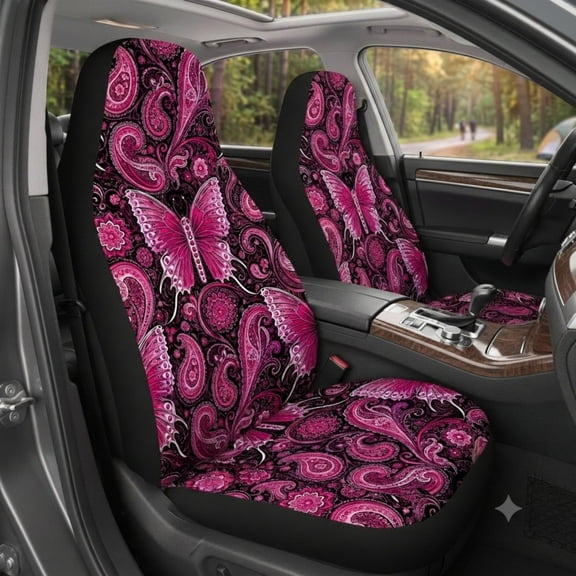 Emacom Ltd_Pink Butterfly Paisley Car Seat Covers, Boho Floral Auto Seat Protectors, Feminine Butterfly Vehicle Decor