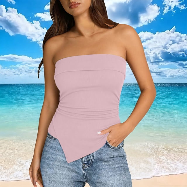 Craaazy Women's Solid Color Summer Ribbed Tube Tops Strapless Ruched Bodycon Asymmetrical Hem Tops for Daily Wear, Casual Party