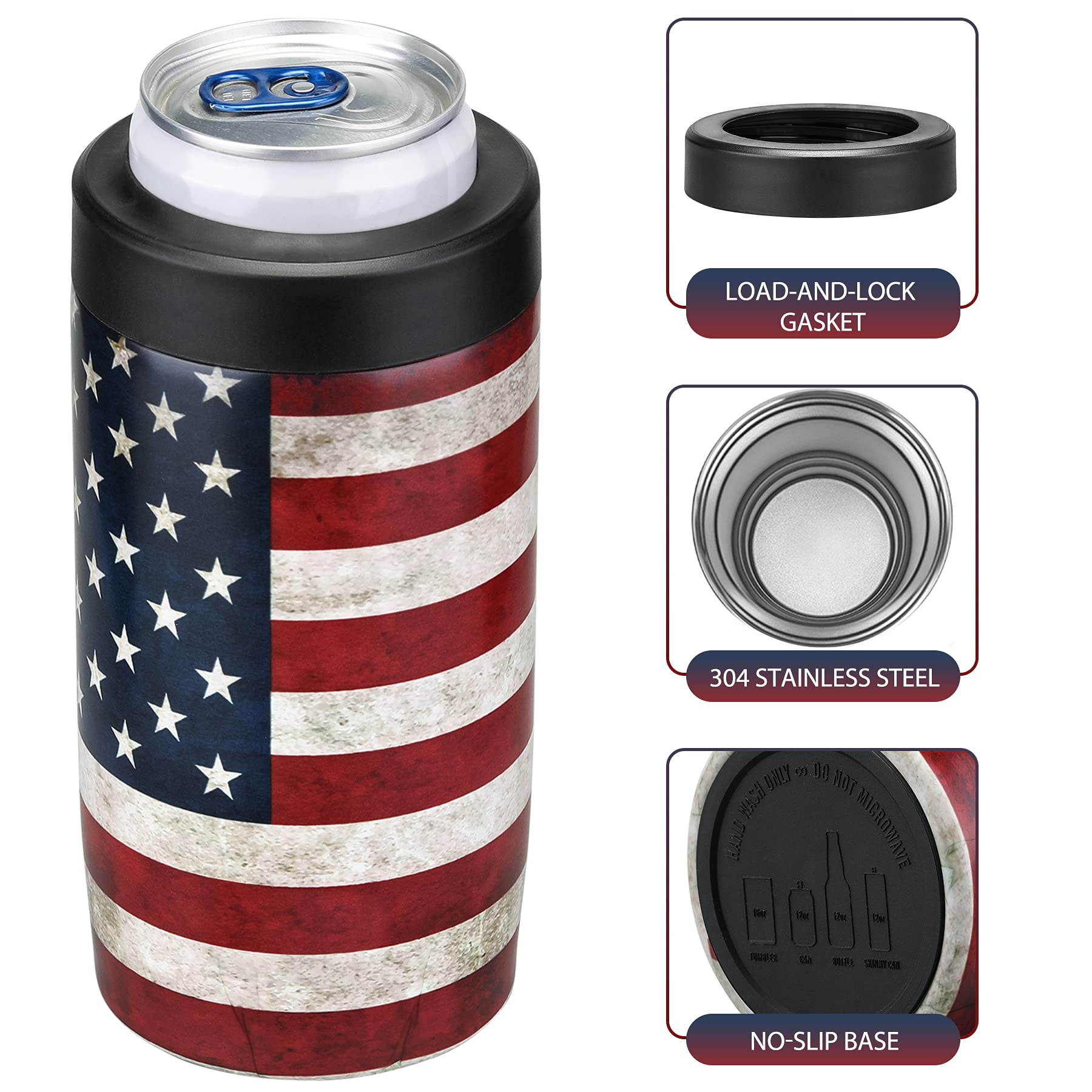 Jslove 4 in 1 Insulated Can Cooler - Universal Size for 12 oz Cans, Slim Cans, and Bottles - America Flag